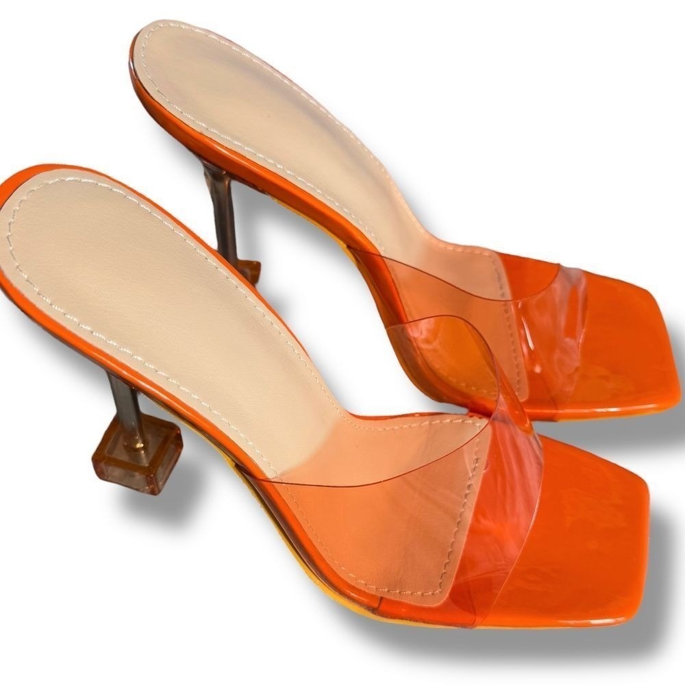Orange Heels Clear Strap Square Toe Lucite Heel Mules Slide Sz 7 38 BOUTIQUE
